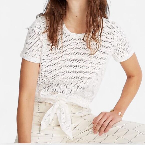 Madewell White eyelet Lace Knotted Short Sleeve Shirt – Size Small - Picture 7 of 7